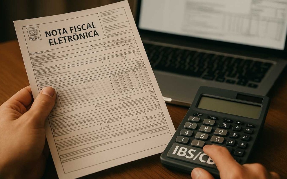 Imagem criada por IA simula pessoa segurando nota fiscal eletrônica enquanto calcula imposto