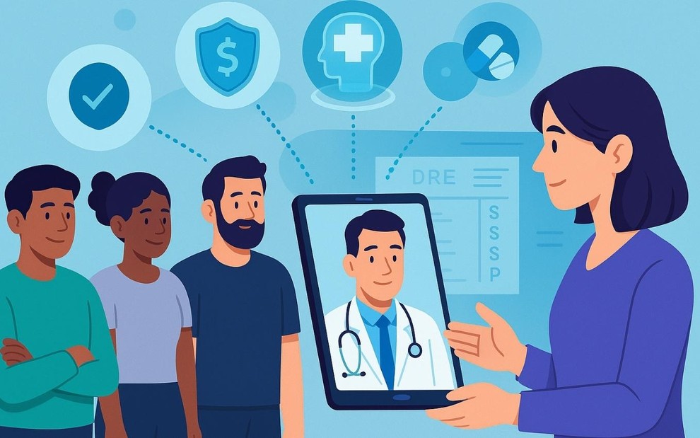 Colaboradores de PMEs em consulta médica digital, com ícones de proteção e bem-estar ao fundo.