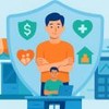 Microempreendedor protegido por escudo com ícones de saúde, finanças, família e patrimônio.