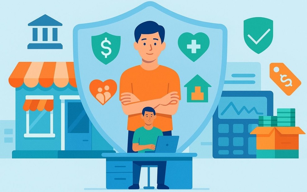 Microempreendedor protegido por escudo com ícones de saúde, finanças, família e patrimônio.