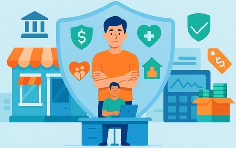 Microempreendedor protegido por escudo com ícones de saúde, finanças, família e patrimônio.