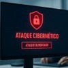 Tela exibe alerta de ataque cibernético bloqueado em empresa. (Imagem gerada por IA)