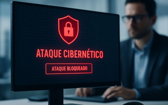 Tela exibe alerta de ataque cibernético bloqueado em empresa. (Imagem gerada por IA)