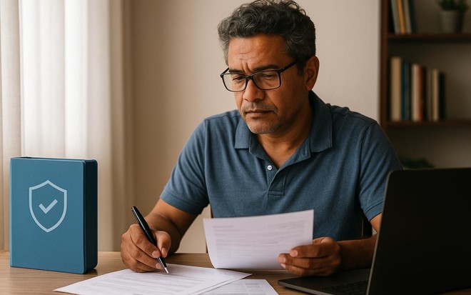 Profissional autônomo analisa documentos e planeja proteção financeira.