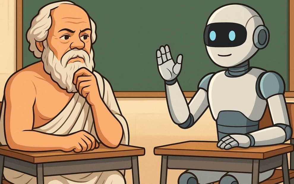 Ilustração com Sócrates e robô em alusão a inteligência artificial juntos em sala de aula