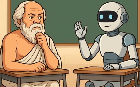 Ilustração com Sócrates e robô em alusão a inteligência artificial juntos em sala de aula